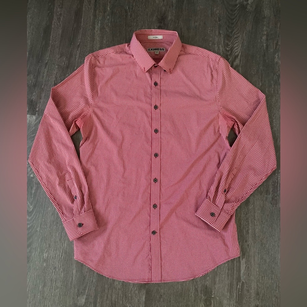 EXPRESS Fitted Long Sleeve Red Plaid Flannel Button Front Shirt M